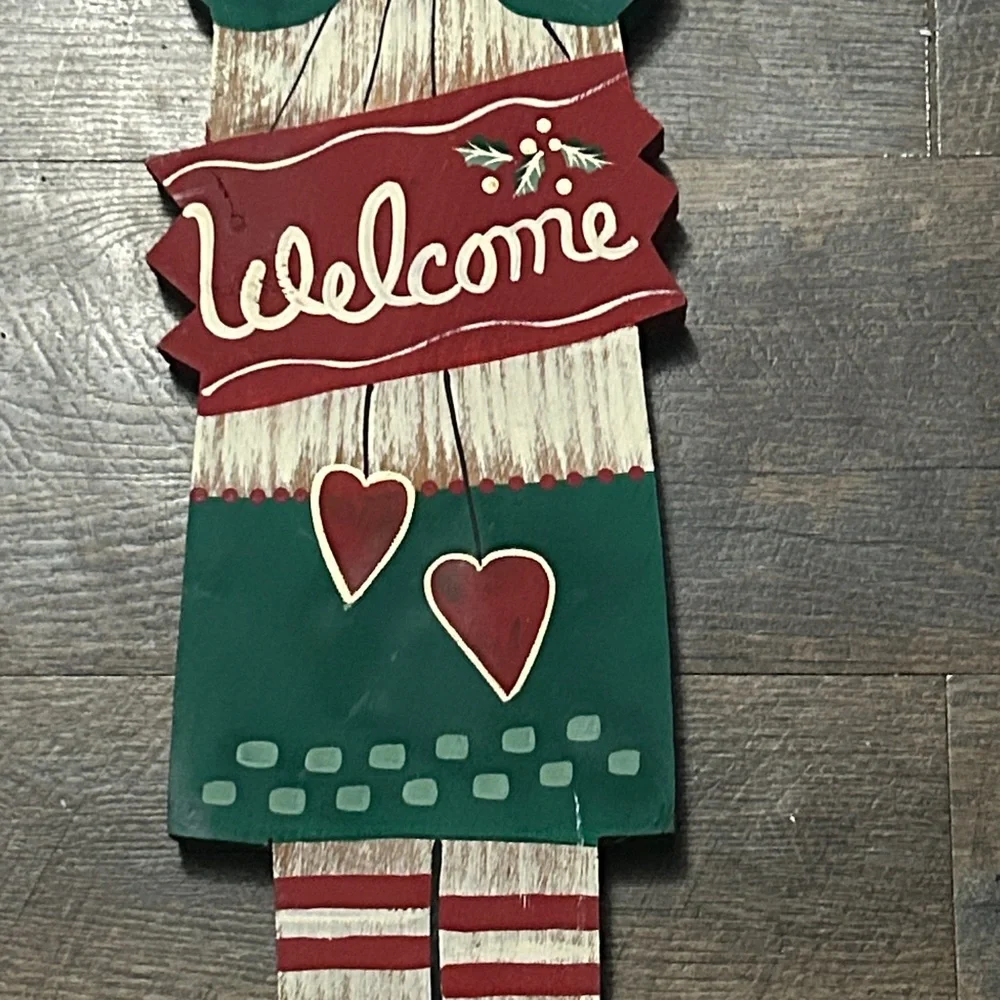 Holiday Hand Painted Wooded Welcome Sign Angel Folk Art 1999 Christmas Decor 23”